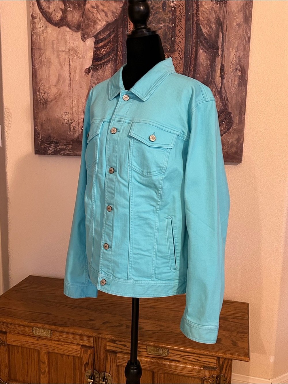 Talbots Classic Jean Jacket 2X Plus Size Logo Button Detail Flap Pockets Blue